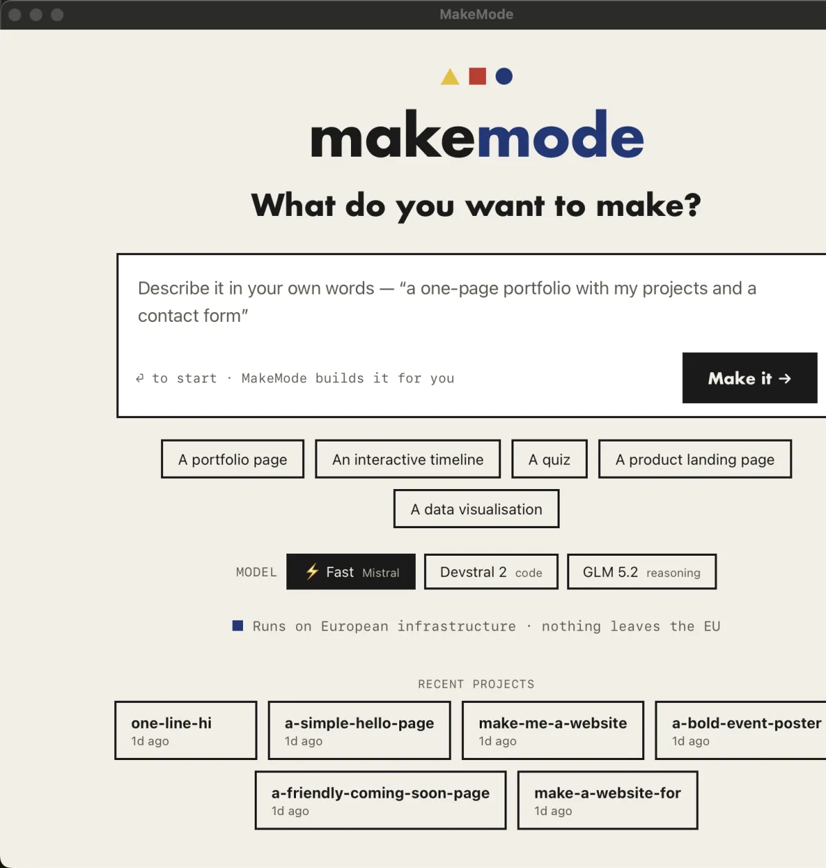 The MakeMode desktop app window on macOS, opening with "What do you want to make?" and a choice of EU models.