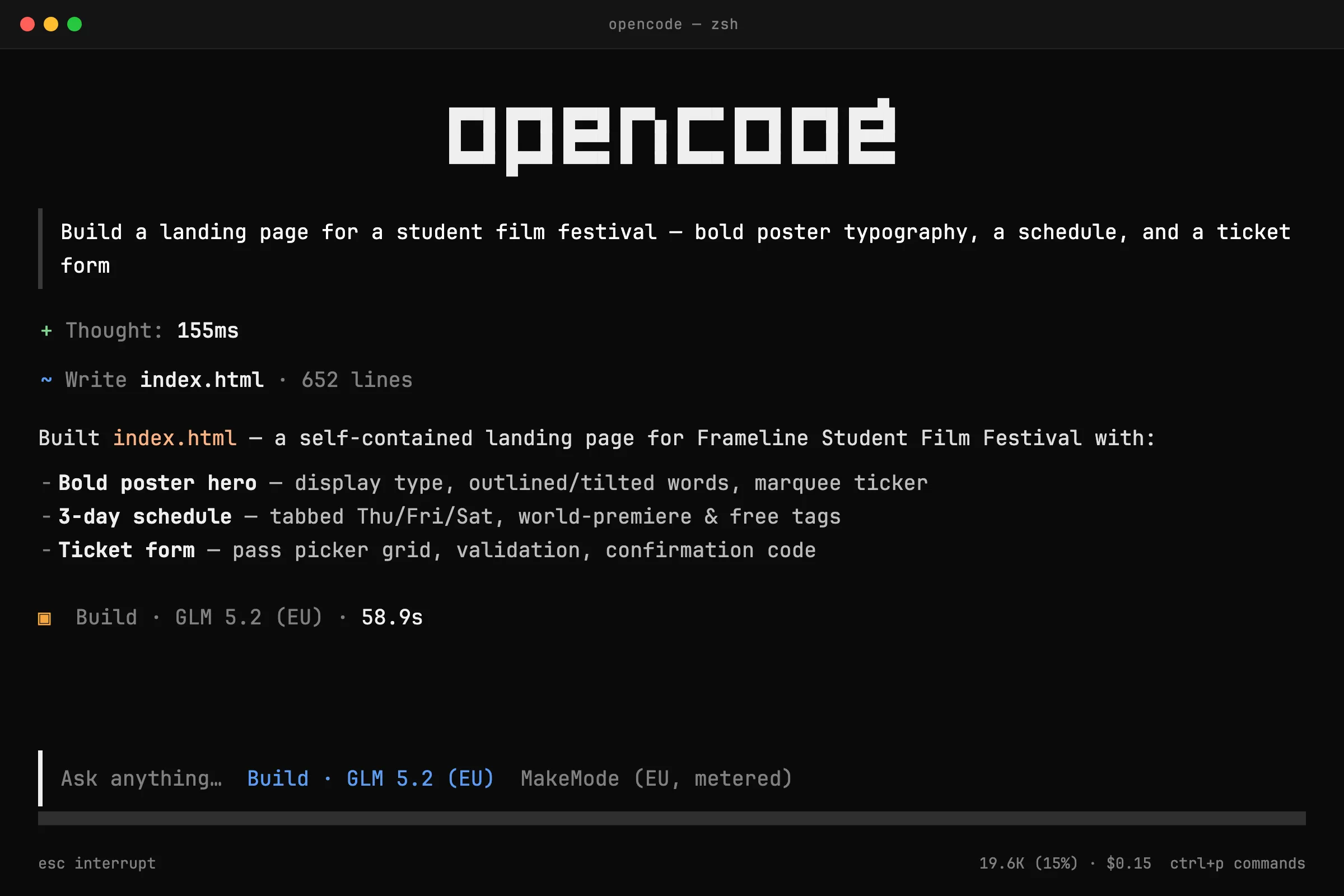 opencode running in a terminal on the MakeMode EU gateway — a real build finishing in 59 seconds, metered in euros.